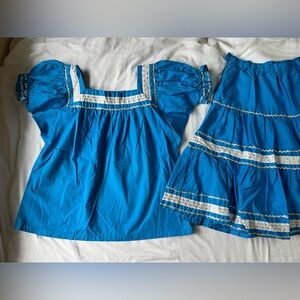 Vintage 60s Square Dancing set dress top skirt Blue silver metallic trim